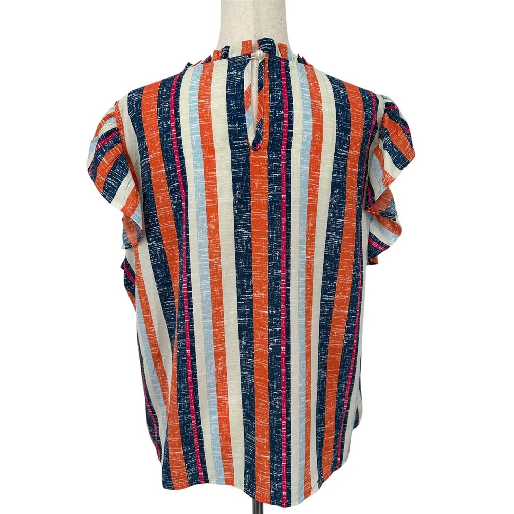 SHEWIN Flutter Sleeve Blouse Navy & Orange Stripe Ruffle Neck Women's 2XL - Picture 4 of 11